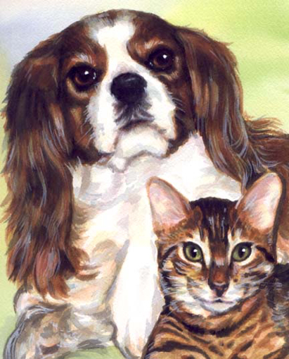 Cavalier King Charles Tabby Cat Dog Watercolor Carol Wells