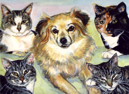 Cats Dog Family Watercolor Carol Wells