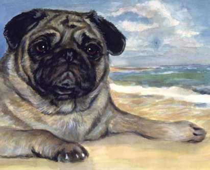 Pug beach Dog Watercolor Carol Wells