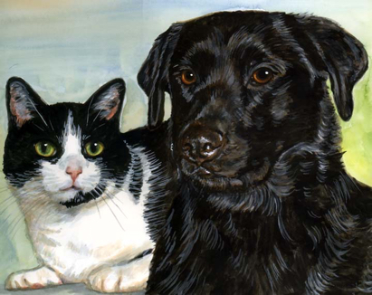 Black Lab Tux Cat Watercolor Carol Wells