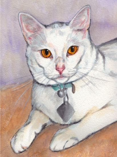 White Cat Orange Eyes Watercolor Carol Wells